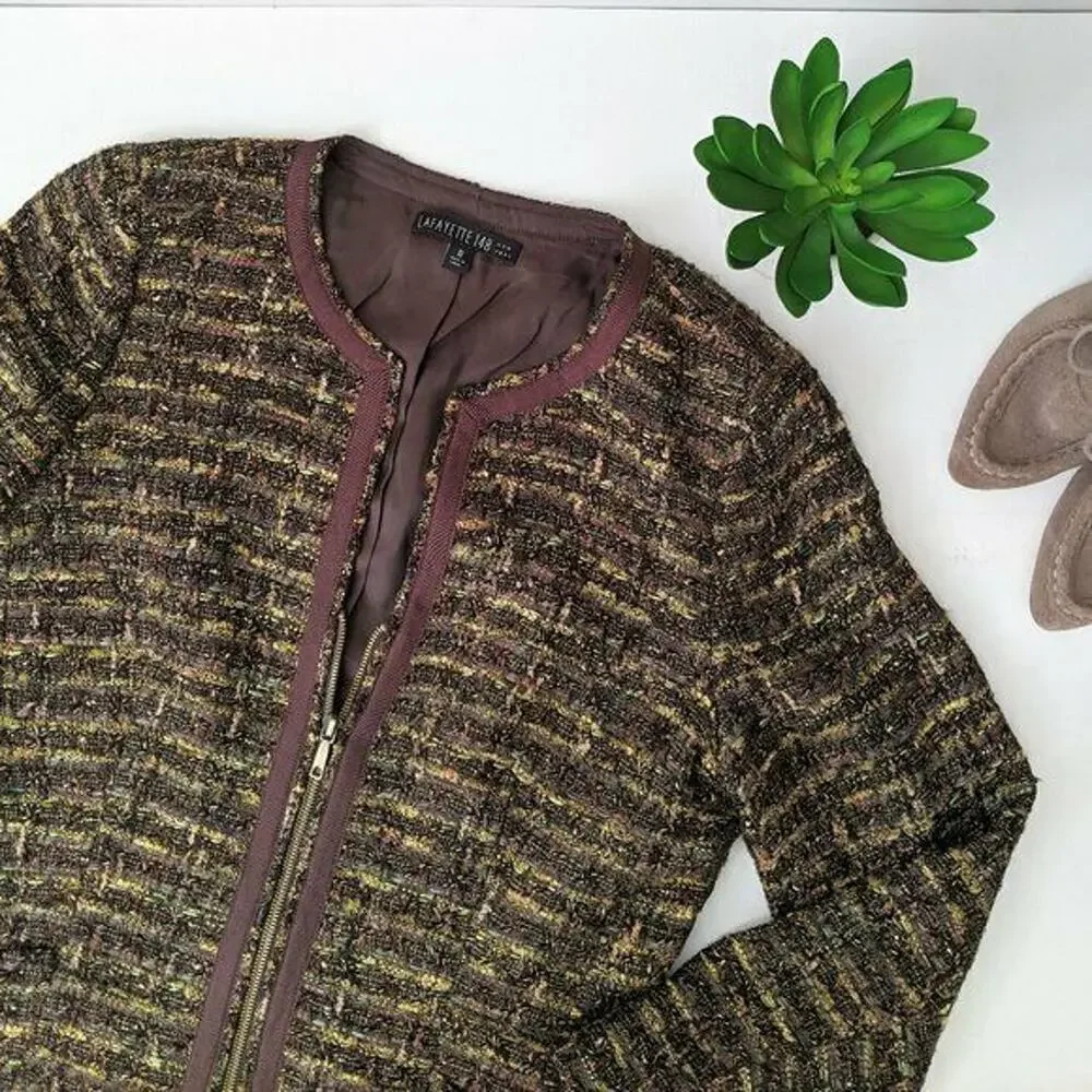 LAFAYETTE 148 NY Blazer Coat‎ Tweed Zip Up Blazer Jacket Brown Trim Women's 10